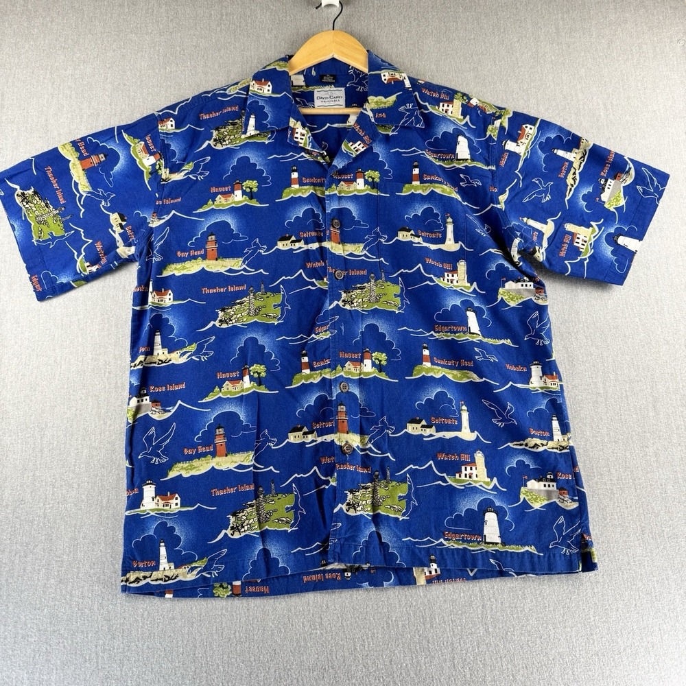 David Carey Shirt Mens XL Blue Lighthouse Nautical Hawaii Camp Button Up